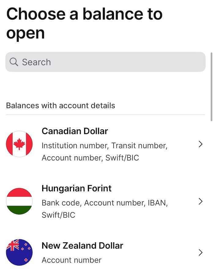 список валютных счетов, которые вы можете открыть в приложении Wise