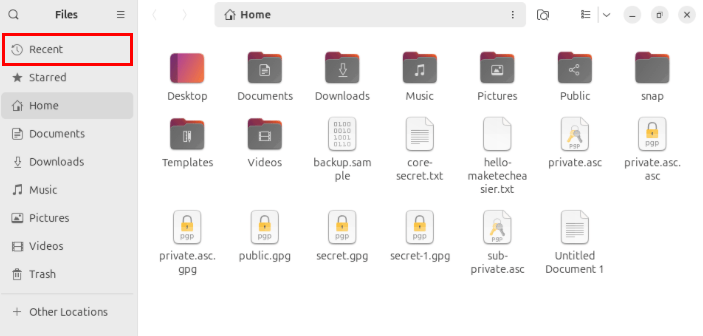Снимок экрана, показывающий расположение категории «Недавние» в файловом менеджере Nautilus.