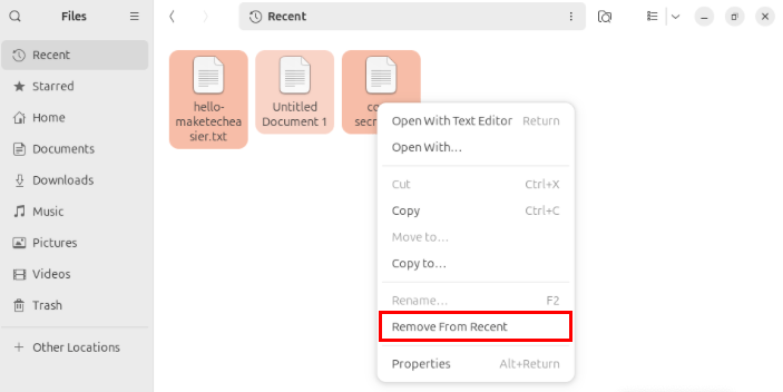 Снимок экрана, на котором выделена запись «Удалить из последних» в файловом менеджере Nautilus.