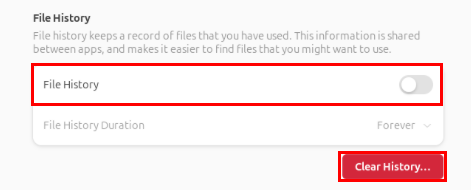 Снимок экрана, на котором показаны переключатель «История файлов» и кнопка «Очистить историю».