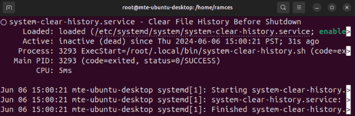 Терминал, показывающий выходные данные пользовательской службы systemd в systemctl.