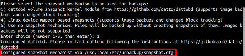 введите опцию для настройки механизма моментальных снимков клиента UrBackup во время установки