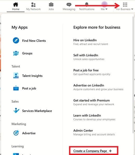 Нажатие кнопки «Создать страницу компании» в LinkedIn.