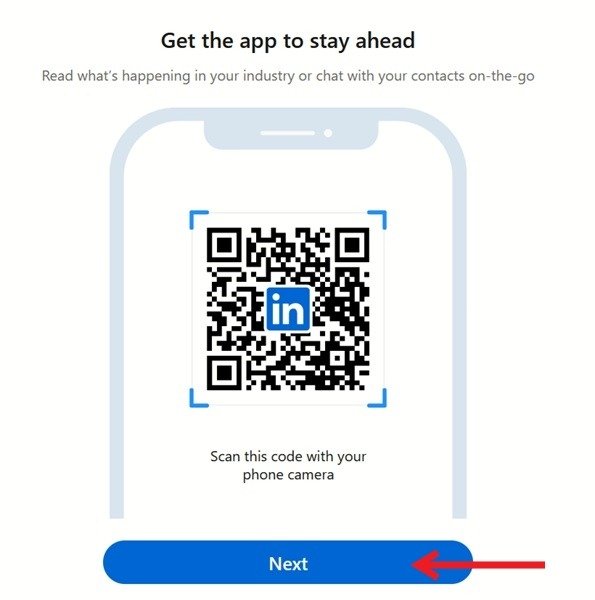 LinkedIn просит вас отсканировать QR-код, чтобы загрузить приложение LinkedIn на свой телефон.