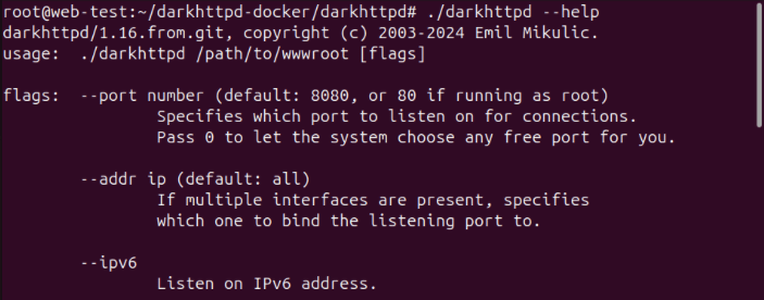 Терминал, показывающий справочный вывод darkhttpd.