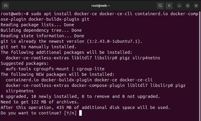 Терминал, показывающий процесс установки Docker, его плагинов и Git.