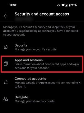 Нажмите «Приложения и сеансы» в приложении Twitter.