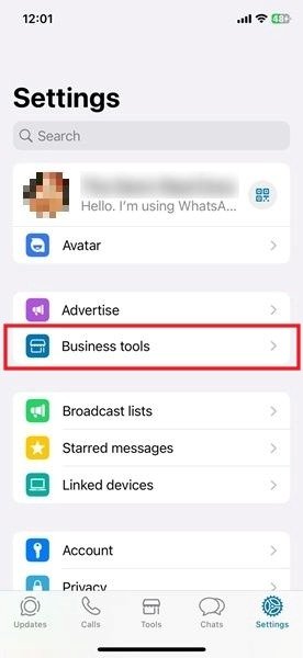 Нажмите «Бизнес-инструменты» в WhatsApp для iPhone.