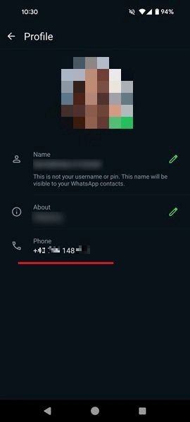 Просмотр номера WhatsApp в приложении Android.
