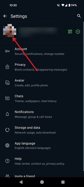 Нажатие на изображение профиля в настройках WhatsApp на Android.