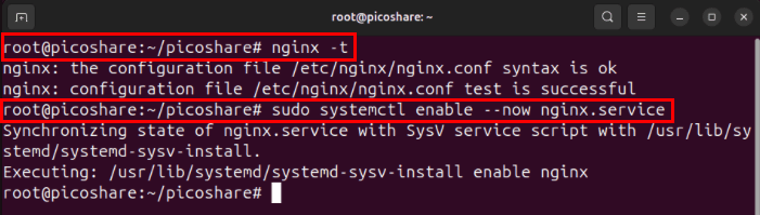 Терминал, показывающий проверку конфигурации и команду systemctl для запуска веб-сервера Nginx.