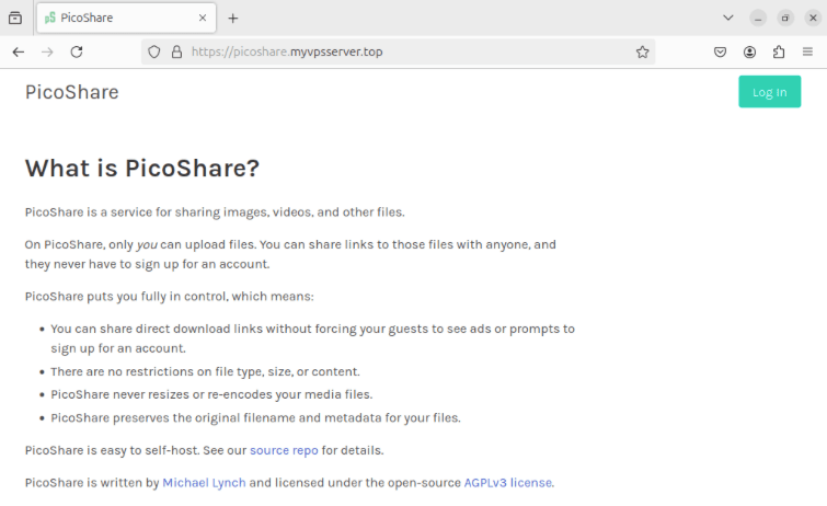 Снимок экрана, показывающий целевую страницу PicoShare, работающую на VPS.