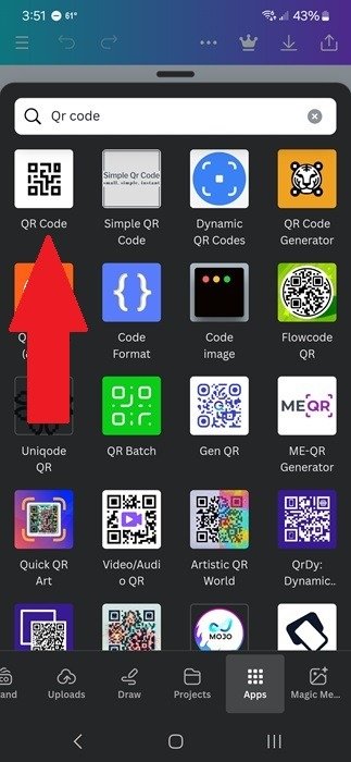 Выбор приложения QR-кода в мобильном приложении Canva.