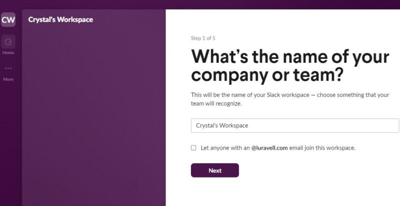 Создайте рабочую область Slack, сначала выбрав имя для рабочей области.