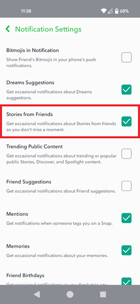 Включение уведомлений «Истории от друзей» в приложении Snapchat на Android.
