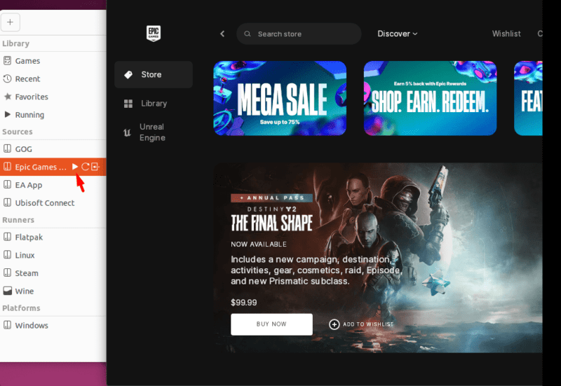Запуск магазина Epic Games через Lutris