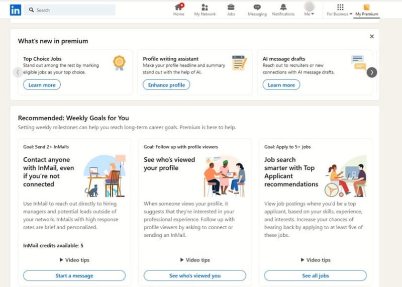 Просмотр функций Premium в LinkedIn на ПК.