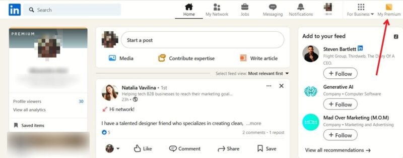 Нажав кнопку «Мой премиум» в LinkedIn на ПК.