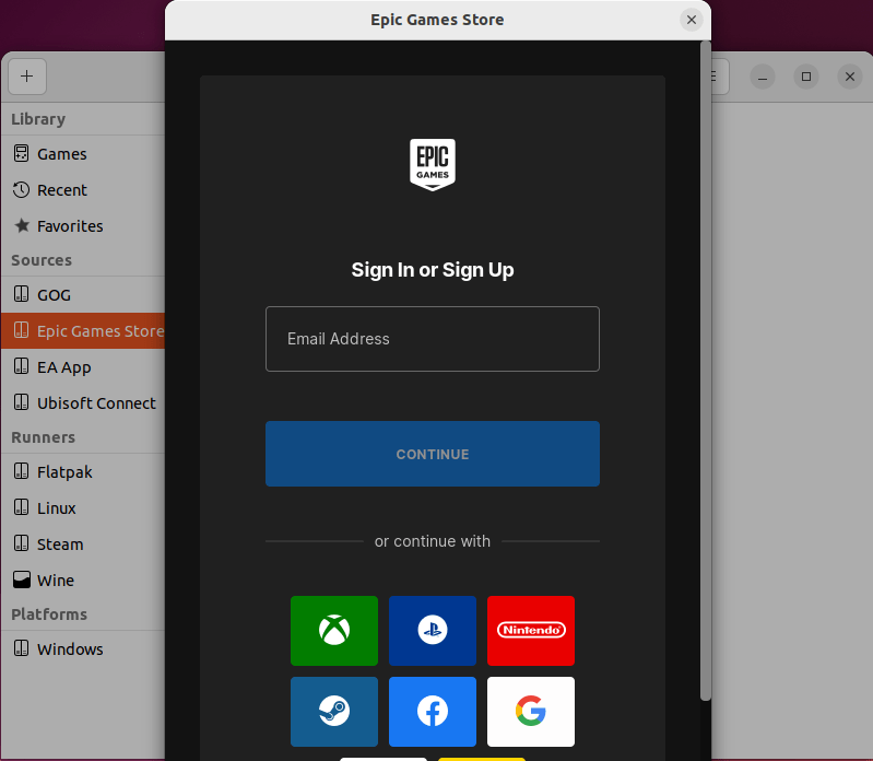 Войдите в Epic Games с помощью Lutris