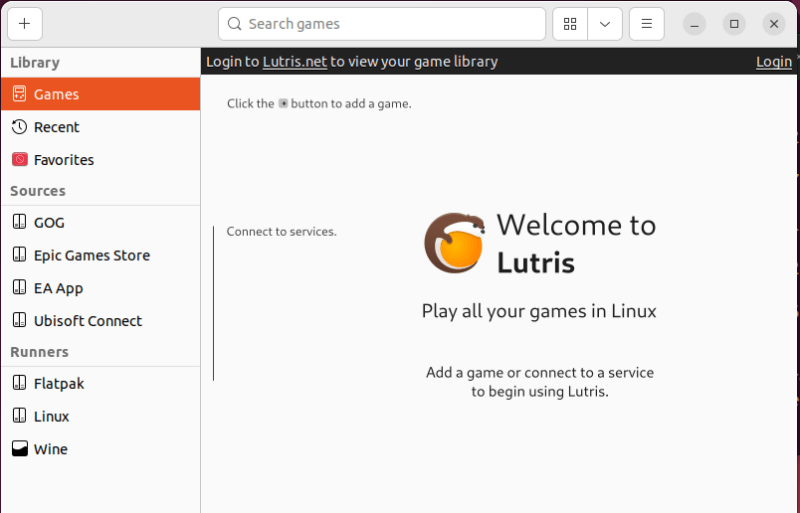 Экран приветствия Lutris