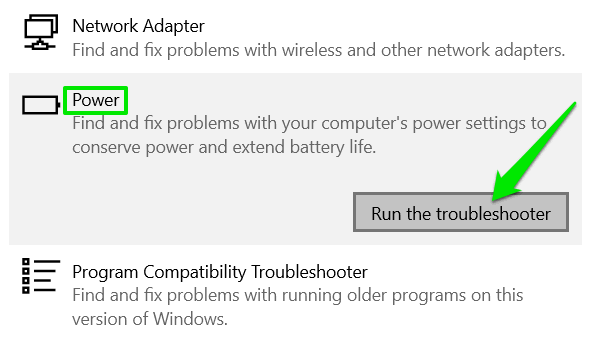Запустите средство устранения неполадок с питанием