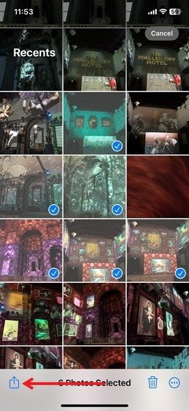 Нажатие кнопки «Поделиться» в приложении «Фотографии» на iPhone.