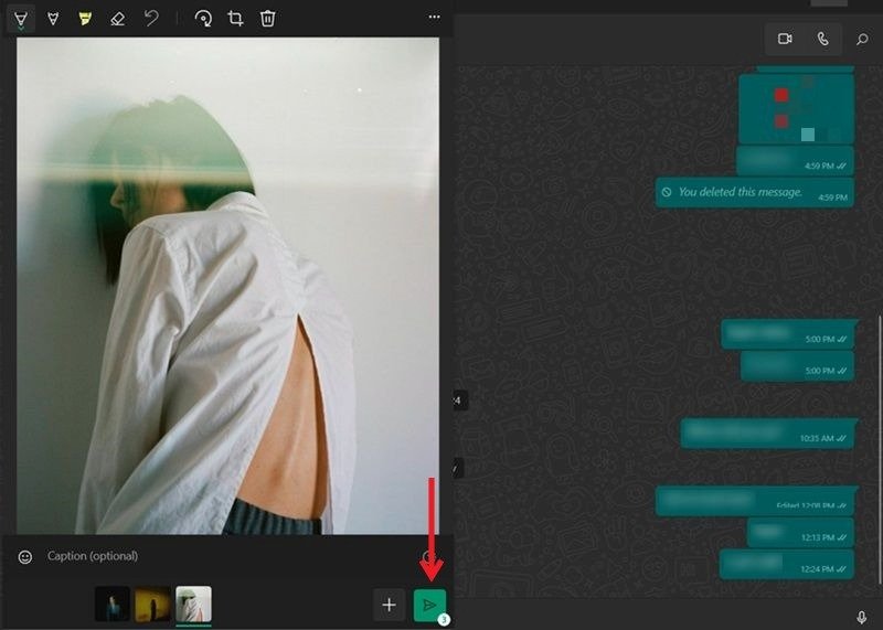 Нажмите кнопку «Отправить», чтобы поделиться фотографиями в разговоре WhatsApp на ПК.