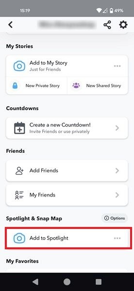 Нажатие на опцию «Добавить в Spotlight» в приложении Snapchat.