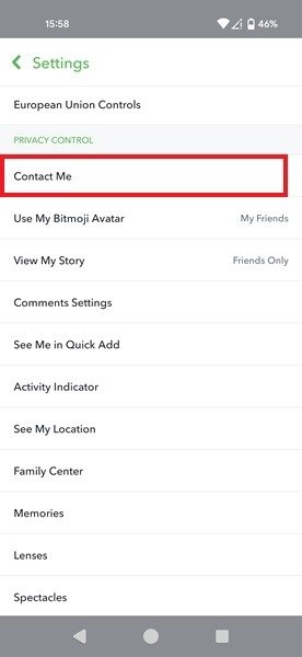 Изменение настроек конфиденциальности «Свяжитесь со мной» в настройках приложения Snapchat.