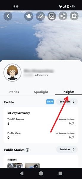 Переключение на вкладку «Статистика» в вашем личном профиле Snapchat.