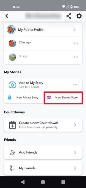 Опция «Новая общая история» отображается в приложении Snapchat на странице учетной записи.