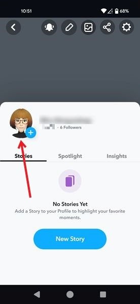 Нажмите на аватар, чтобы изменить его на личный профиль в приложении Snapchat.