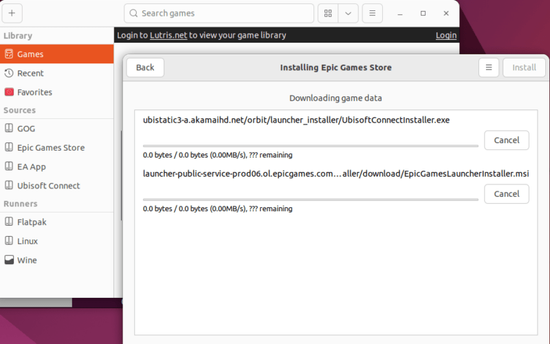 Дождитесь установки Epic Games Store в Lutris.