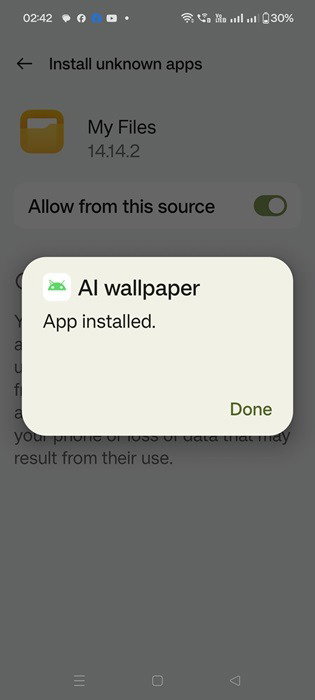 Оповещение об установке приложения для обоев AI на Android 14.
