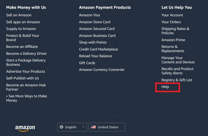 Раздел «Помощь» в самом низу главной страницы Amazon.