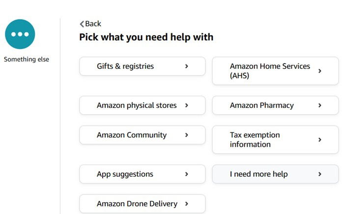 Раздел «Мне нужна дополнительная помощь» на веб-странице службы поддержки клиентов Amazon.