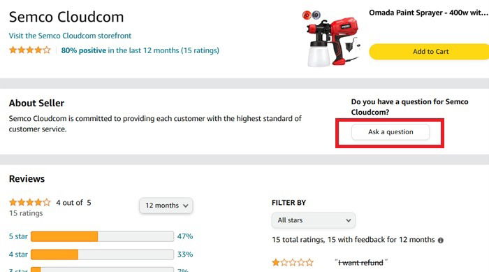«Задайте вопрос» продавцу Amazon.