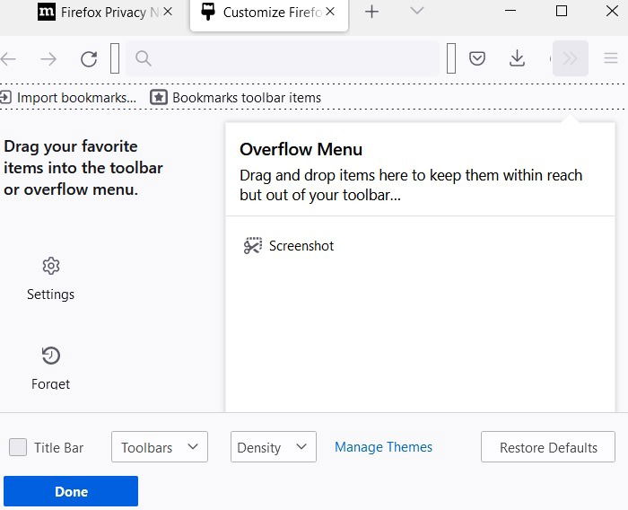 Прокрутка снимков экрана Снимок экрана Windows Mozilla Firefox в меню переполнения