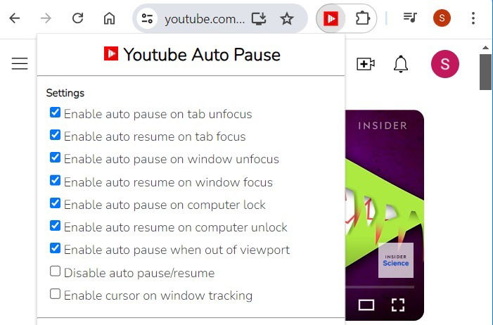 Все настройки паузы в расширении YouTube Auto Pause.