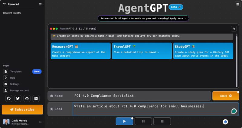 Настройка агента Agentgpt