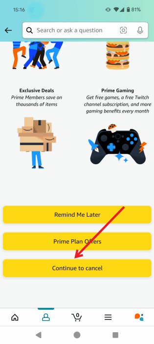 Нажимаем «Продолжить отмену» после ознакомления со всеми преимуществами приложения Prime in Amazon для Android.