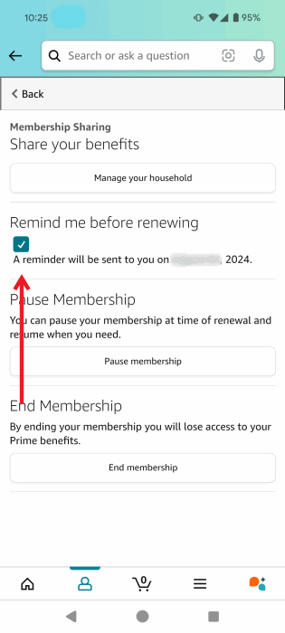 Включение опции «Напомнить перед продлением» в приложении Amazon для Android.