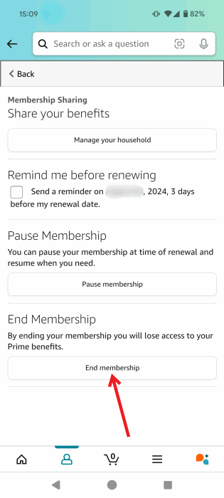 Нажатие кнопки «Завершить членство» в приложении Amazon для Android.