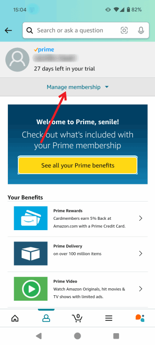 Нажмите «Управление членством» в приложении Amazon для Android.