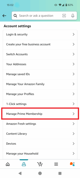 Выбор опции «Управление членством Prime» в настройках Amazon в приложении Android.