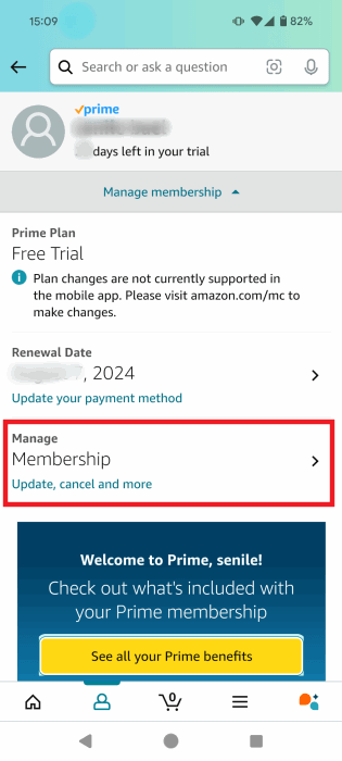 Еще раз нажмите «Управление членством» в приложении Amazon на Android.