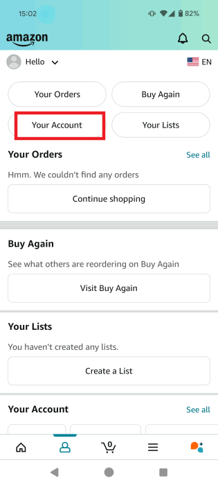 Нажатие на опцию «Ваша учетная запись» в приложении Amazon Shopping на Android.