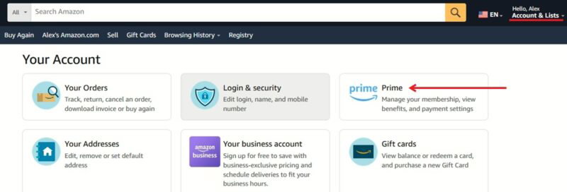 Переход к опции Prime на Amazon на ПК.