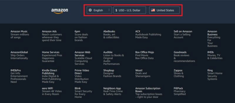 Языковые параметры доступны внизу на главной странице Amazon на ПК.
