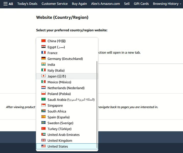 Выбор нового региона Amazon в веб-браузере.